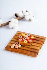 Martabak Mini or Martabak Mini Bangka with various Topping. The martabak mini bangka is made from a mixture of flour, eggs, sugar, baking soda, coconut milk and water.