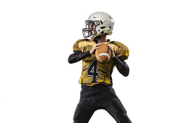 One professional american football player in special uniform isolated over white background....