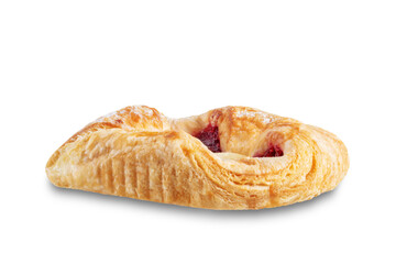 Vanilla cream raspberry jam sweet bun on a white isolated background