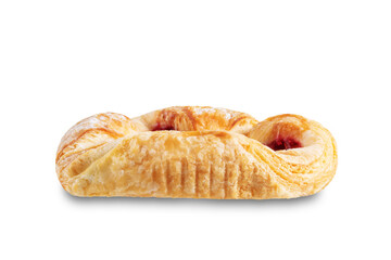 Vanilla cream raspberry jam sweet bun on a white isolated background