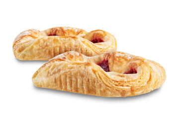 Vanilla cream raspberry jam sweet bun on a white isolated background