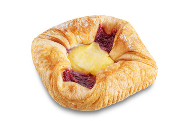 Vanilla cream raspberry jam sweet bun on a white isolated background