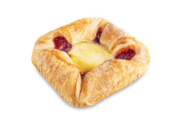 Vanilla cream raspberry jam sweet bun on a white isolated background