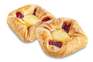 Vanilla cream raspberry jam sweet bun on a white isolated background