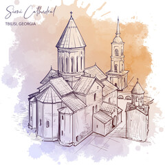 Sioni Cathedral in Tbilisi, Georgia. Line drawing isolated on grunge watercolor textured background. 