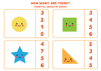 Counting game with cute kawaii geometrical shapes. Count number of angles.