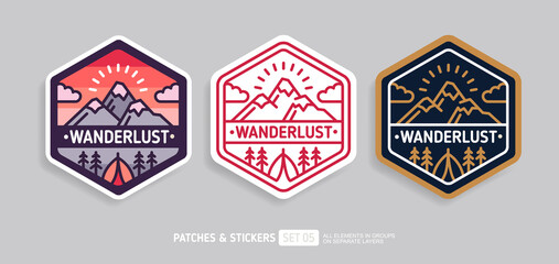 Wanderlust travel badge or camping patch and sticker design. Vector illustration. Hiking and climbing emblem set. Mountains and camping tent in a pine forest