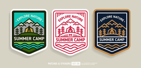 Summer Camp badge or patch Logo Emblem design - vector illustration. Travel camping and hiking path or sticker set. Mountains and camping tent in a pine forest
 - obrazy, fototapety, plakaty