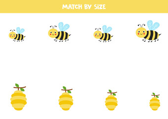 Matching game for preschool kids. Match bees and hives by size.