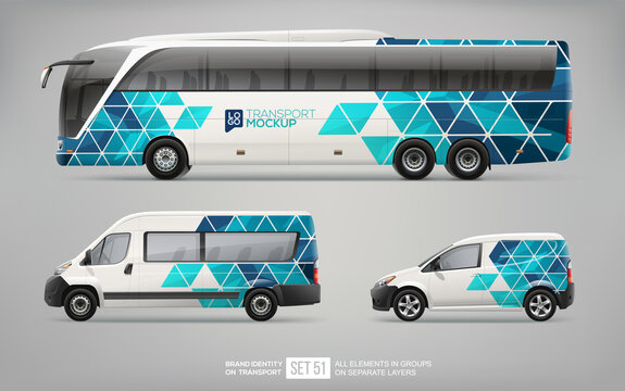 Realistic vector Coach Bus, passenger van and service car  mockup with abstract branding identity design. Business passenger transport with corporate blue geometric graphics  of triangular mosaic