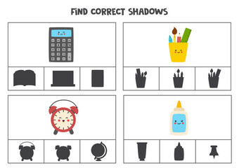 Find correct shadow of school supplies. Printable clip card games for children.