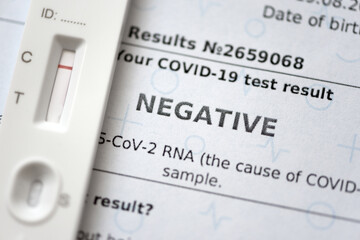 Obraz premium Laboratory report with negative test result by using rapid test device for COVID-19