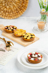 Martabak Mini or Martabak Mini Bangka with various Topping. The martabak mini bangka is made from a mixture of flour, eggs, sugar, baking soda, coconut milk and water.