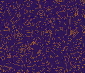 Halloween seamless pattern with cute skeleton, pumpkins, zombies, ghosts, treats