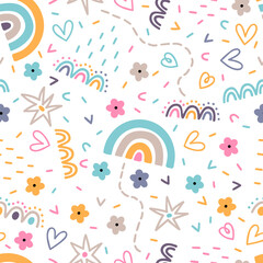 Cute scandinavian seamless pattern. Hand drawn nursery design. Trendy baby texture for fabric, textile, cloth, wrapping paper. Childish background
