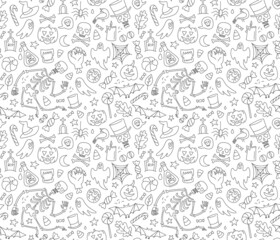 Halloween seamless pattern with cute skeleton, pumpkins, zombies, ghosts, treats