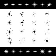 Sparkles icon set. Lights, stars. Glowing light effect of star shining bursts. Bright firework, Christmas decoration twinkle, lens