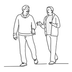 Two elderly men walk talking.