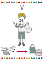 SDGsのシャツを着てゴミ拾いのボランティアをする男の子（ゴミ削減のアイディア等のひらめきをイメージ）