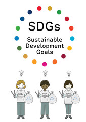 ゴミ拾いのボランティアをする子供達とSDGsのロゴ（ゴミ削減のアイディア等のひらめきをイメージ）