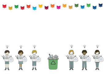 SDGsのシャツを着てゴミ拾いのボランティアをする子供達（ゴミ削減のアイディア等のひらめきをイメージ）