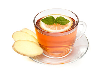 Ginger tea with lemon and mint in glass cup isolated on white background.