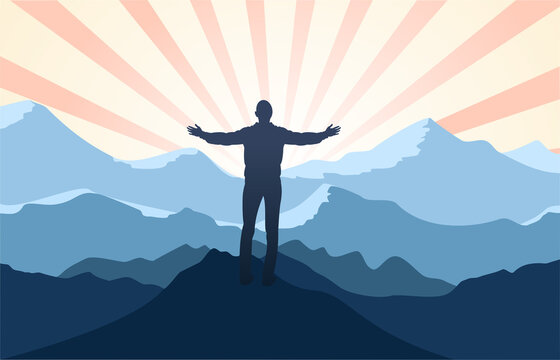 Man praying at sunshine background top of mountains silhouette.raised hands , concept, vacations ,outdoor,landscape.vector illustration.
