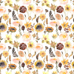 seamless pattern of hand drawn flowers and herbs painted in watercolor on white paper. Sketch of sunflowers, roses, branch, foliage, leaves, berries. Watercolour autumn, summer colourful illustration. - 456958405