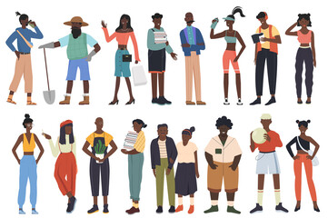 Fototapeta na wymiar Black community, african people team of different professions set vector illustration. Cartoon young and old man woman characters in casual clothes standing together collection isolated on white