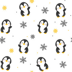 seamless pattern with cute penguins and snowflakes. New Year's decor, blankets for babies, fabrics.