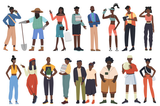 Black community, african people team of different professions set vector illustration. Cartoon young and old man woman characters in casual clothes standing together collection isolated on white