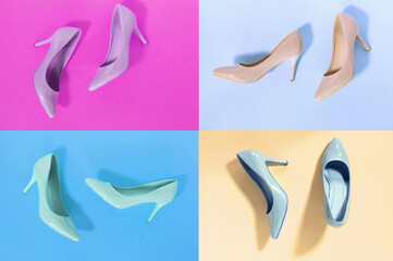 Women's classic shoes with high thin heels of different colors in squares of a multi-colored background. Four. Bright and colorful. The concept of sales and advertising. Flatly. Conceptual still life.