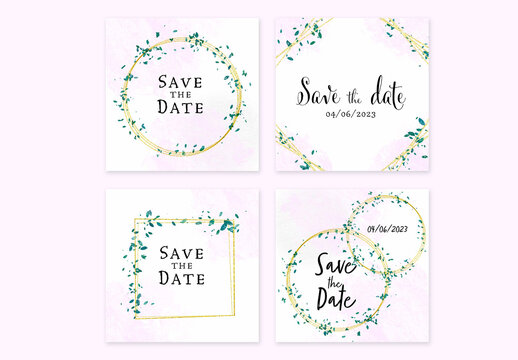 Square Layouts with Gold Elements and Green Floral Illustrations
