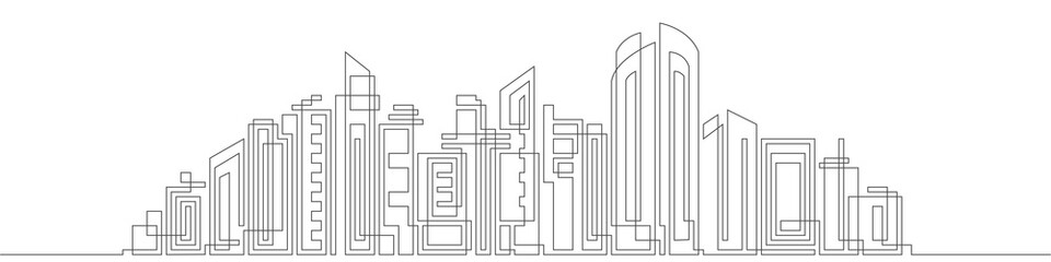 Architecture panoramic landscape.Drawing of skyscrapers, buildings.Modern cityscape continuous one line .City skyscrapers .Vector illustration.