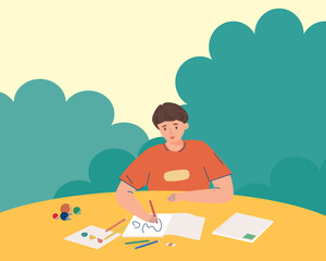 A school boy writing on the book. Kid drawing line on paper. Young teen studying at home while lockdown. Man with stationery on table on green background. Back to school concept vector illustration.