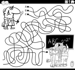 maze with cartoon teacher and students coloring book page