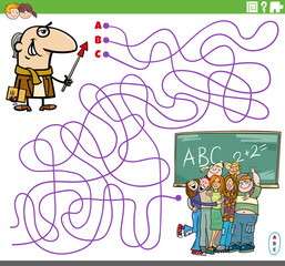 educational maze game with cartoon teacher and students