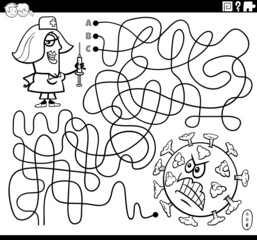 maze with cartoon nurse and virus coloring book page