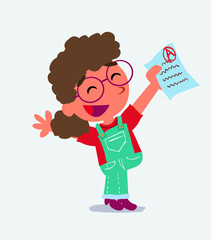  very happy cartoon character of little girl on jeans with a exam in hand