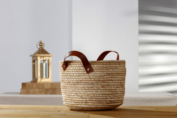 Wooden table with vacant space and Christmas background with sun shadow 