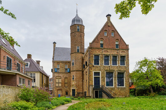 External garden and the medieval facade of Museum Martena in Franeker, Friesland, Netherlands