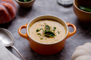 Pumpkin soup with coconut milk. Delicious vegan, seasonal autumn food.