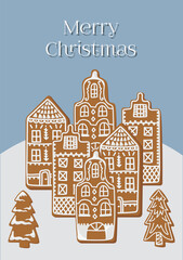 Vector illustration of a Christmas card with ginger houses in the European style and Christmas trees on a light background