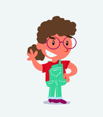  cartoon character of little girl on jeans waving while smiling