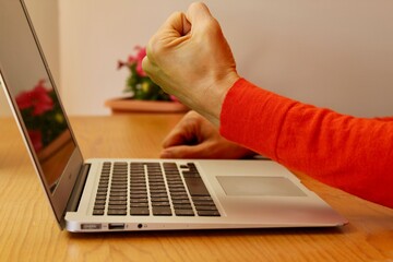 Side view of upset angry young woman in red sweater sitting in cafe, working from home, in the office on laptop, showing a fist during video call or reading email. Angry person concept