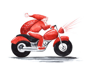 Abstract watercolor postcard illustration. Santa claus in red clothes on a motorcycle with a big bag of gifts