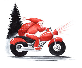 Abstract watercolor Christmas card illustration. Santa Claus in red clothes on a motorcycle with a large bag of gifts against the background of a silhouette of a black Christmas tree