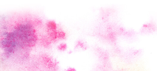Abstract watercolor background. Delicate blots of bright light pink opera paint. Sprayed neatly over the sheet. Hand-drawn illustration on textured paper. Banner horizontal format