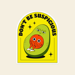 Cute vector fruits sticker pack. A cool suspicious avocado and tangerine with funny faces. Flat line art illustration. Colourful original trendy character. Childish set of drawings.