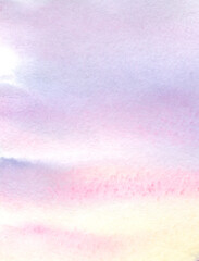 Abstract watercolor background. A picture of a sunset sky with horizontal stratus clouds. Gently pink and light purple ink stains on wet textured paper. Hand-drawn illustration